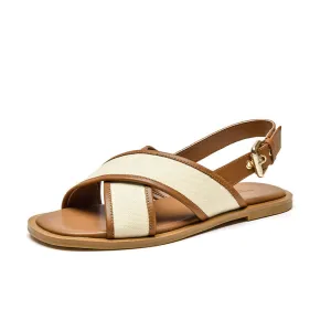 BeauToday Leisure Calfskin Cross Strap Slingback Sandals with Buckle Decor for Women