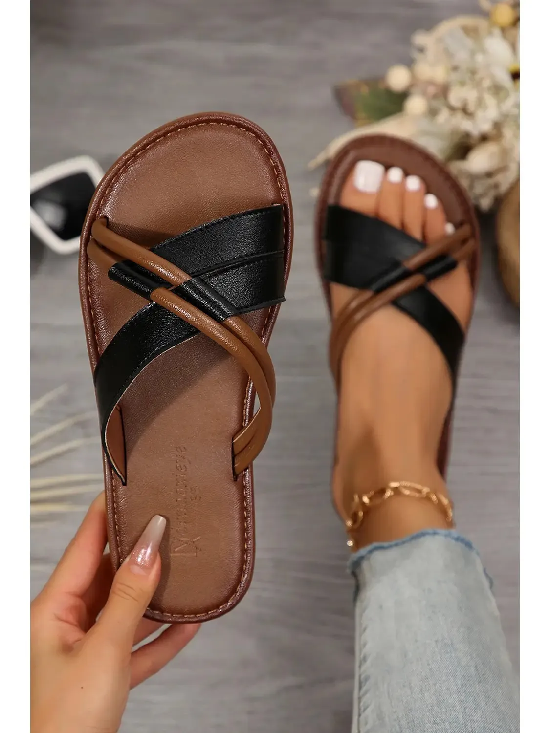 Leather Criss Cross Flat Slippers