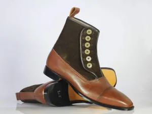 New Designer Men's Handmade Brown Cap Toe Ankle High Boots, Men Leather Suede Button Fashion Boots