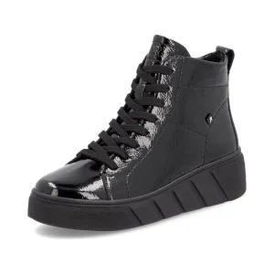 Rieker W0561 BLACK  Patent Lace Up Ankle Boot with Zip W0561-01