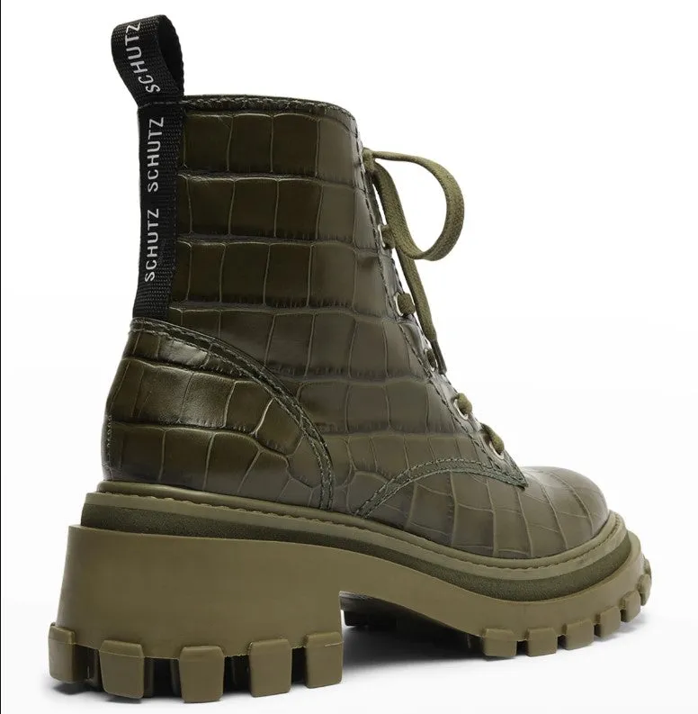 Schutz Military Green Womens Rounded Toe Lace Up Fashion Chunky Ankle Boots