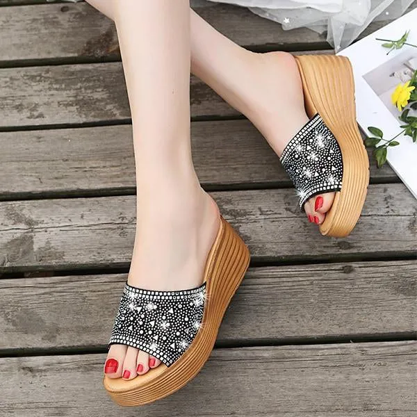 Women's Fashion Rhinestone Wedge Beach Slippers 95701362S