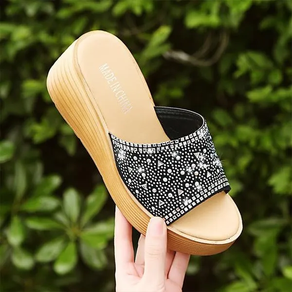 Women's Fashion Rhinestone Wedge Beach Slippers 95701362S