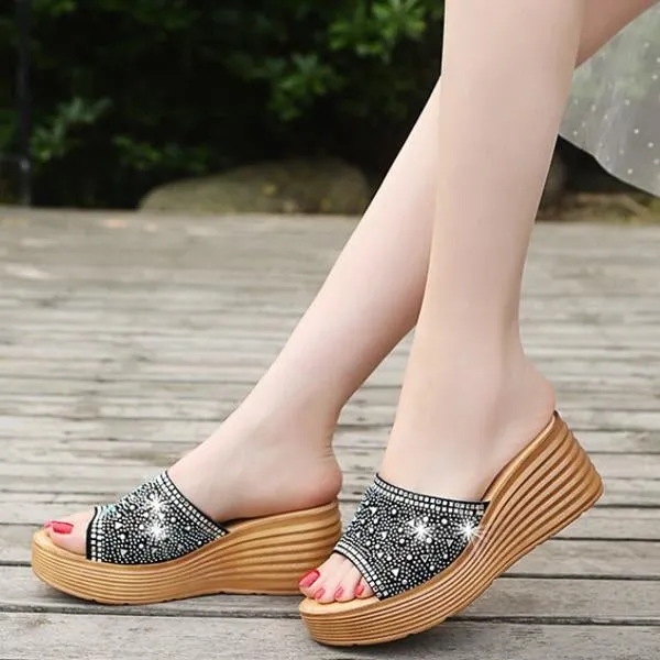 Women's Fashion Rhinestone Wedge Beach Slippers 95701362S