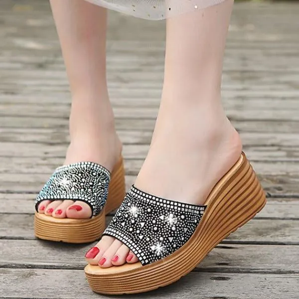 Women's Fashion Rhinestone Wedge Beach Slippers 95701362S