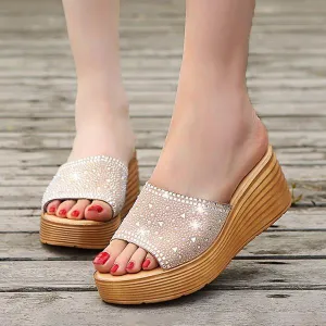Women's Fashion Rhinestone Wedge Beach Slippers 95701362S